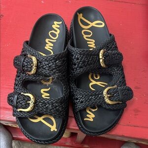 Sam Edelman Black Woven Slides with Gold Buckles
